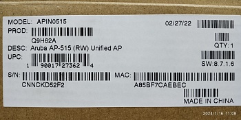 Точка доступа HPE Aruba <AP-515> 802.11:Wi-Fi 1(b),Wi-Fi 2(a), Wi-Fi 3(g), Wi-Fi 4(n), Wi-Fi 5(ac)